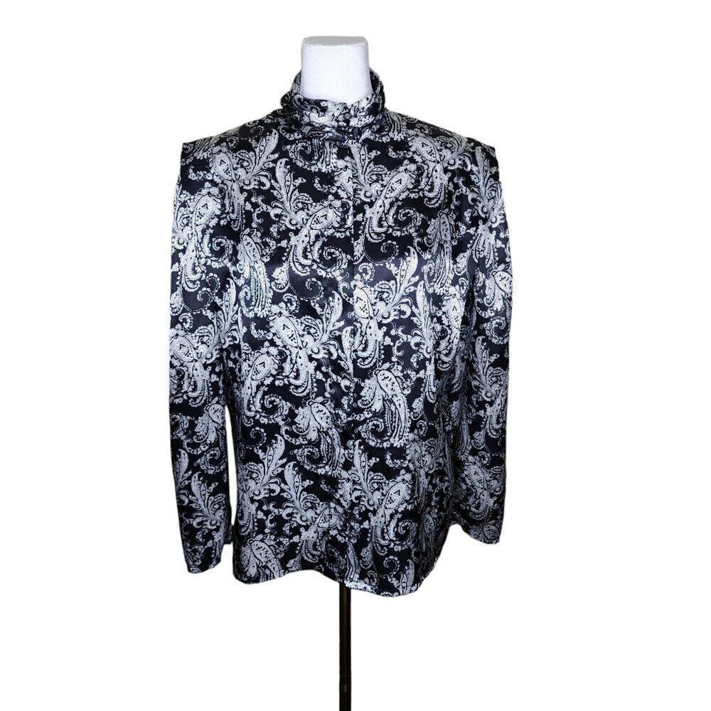 Vintage 80s High Neck Satin Long Sleeve Blouse Womens Size 10 Black Paisley Offi